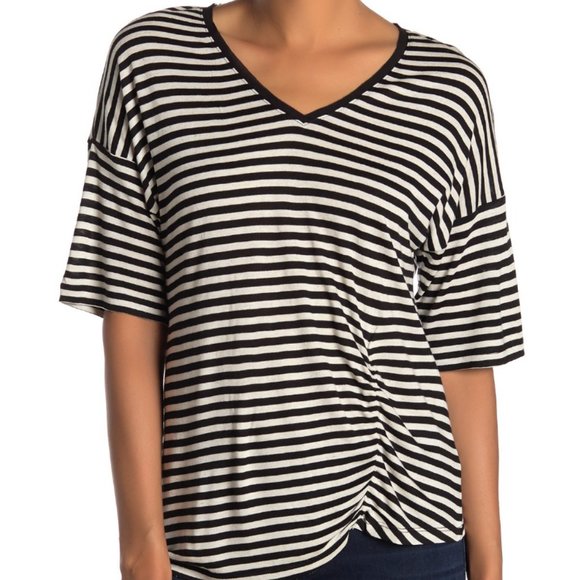 Kenneth Cole Striped V-Neck Ruched T-Shirt - Picture 1 of 13
